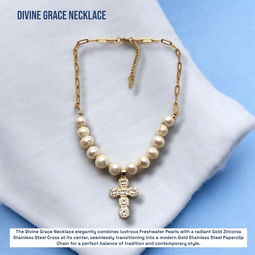 Freshwater Pearl Gold Stainless Steel chain necklace with Cross charm